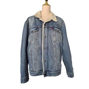 Levi's Sherpa Lined Denim Trucker Jacket Snap Front Blue Jean Coat Size L